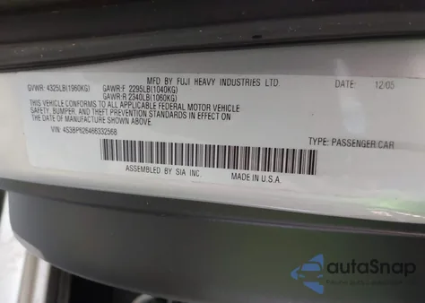 2006 Subaru Legacy 2.5I из США, поврежденный, VIN 4S3BP626466332568